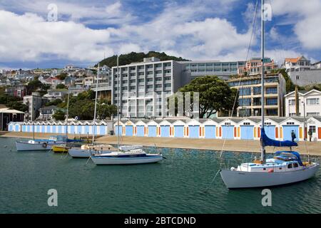 Boat sheds in Chaffers Marina, Oriental Bay,Wellington City,North Island,New Zealand Stock Photo