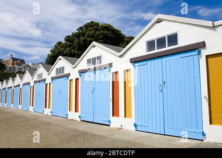 Boat sheds in Chaffers Marina, Oriental Bay,Wellington City,North Island,New Zealand Stock Photo