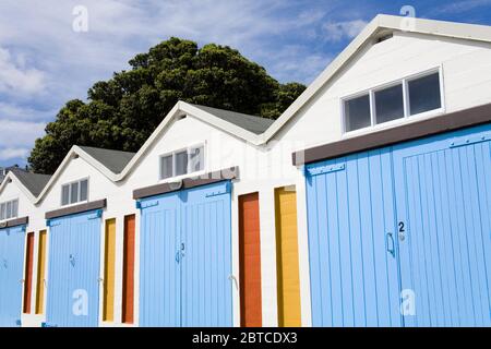 Boat sheds in Chaffers Marina, Oriental Bay,Wellington City,North Island,New Zealand Stock Photo