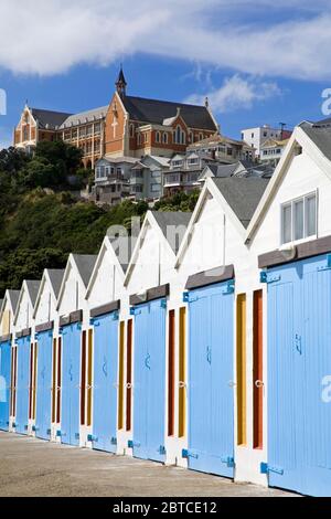 Boat sheds in Chaffers Marina, Oriental Bay,Wellington City,North Island,New Zealand Stock Photo