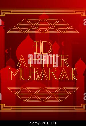 Art Deco Eid al-Fitr Mubarak (Islamic holiday, May 23) text. Decorative greeting card, sign with vintage letters. Stock Vector