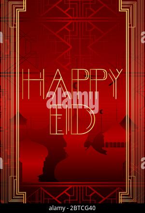 Art Deco Happy Eid (Islamic holiday, May 23) text. Decorative greeting card, sign with vintage letters. Stock Vector