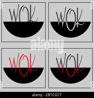 black minimal lettering of asian food logo in wok pan Stock Vector