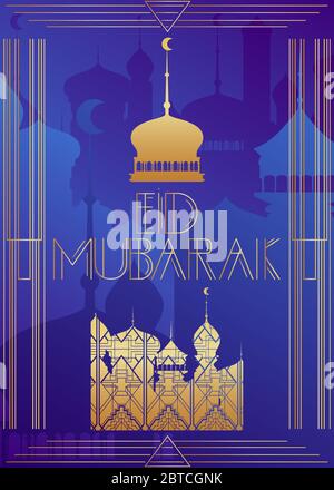 Art Deco Eid Mubarak (Islamic holiday, May 23) (translated: we congratulate you on the Eid.) text. Decorative greeting card, sign with vintage letters Stock Vector