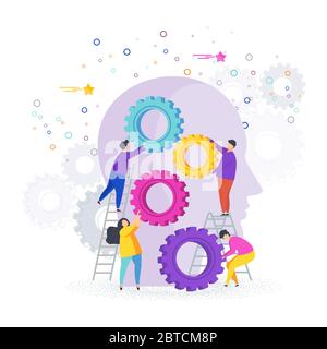 Small people collect gear in the human head. Flat vector illustration. Stock Vector