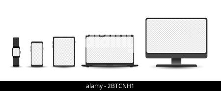 Device set - desktop, laptop, tablet, phone and smartwatch template. Electronic gadgets isolated on white background. Realistic vector illustration. Stock Vector