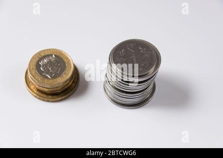 British pound and Indian rupee coins stacked on white background Stock Photo