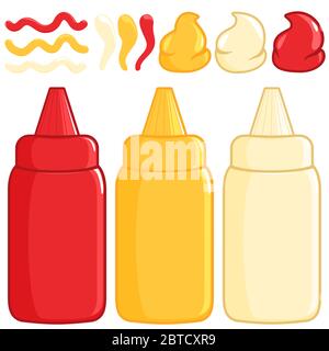 Bottles and spilled sauces of tomato ketchup, mustard and mayonnaise. Stock Photo