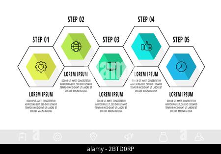 Vector business infographics. Timeline modern with 5 hexagons. Used for web design, graph, diagrams, slideshow Stock Vector