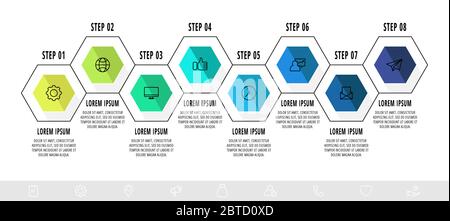 Vector business infographics. Timeline modern with 8 hexagons. Modern design for flowchart, timeline, web, graph, presentation Stock Vector