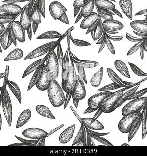 Hand drawn sketch almond seamless pattern. Organic food vector illustration on white background. Vintage nut illustration. Engraved style botanical ba Stock Vector
