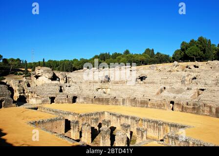 Arena in the Amphitheatre at the Roman ruins site of Italica, Seville, Seville Province, Andalusia, Spain, Europe. Stock Photo