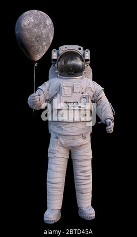 astronaut with planet Mercury balloon isolated on black background Stock Photo