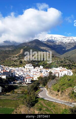 View of the whitewashed village (pueblo blanco) in the mountains, Sedella, Costa del Sol, Malaga Province, Andalucia, Spain. Stock Photo