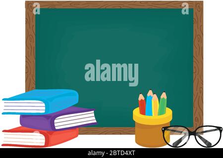 school chalkboard with books and pencil holders Stock Vector