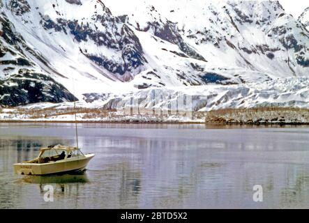 5/18/1973 - Boat near Pederson Glacier, Aialik Bay, Alaska Stock Photo