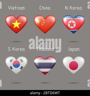 Heart shaped countries of Southeast and East Asia flags Stock Vector