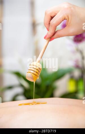 Young woman having a honey back massage at the spa salon Stock Photo