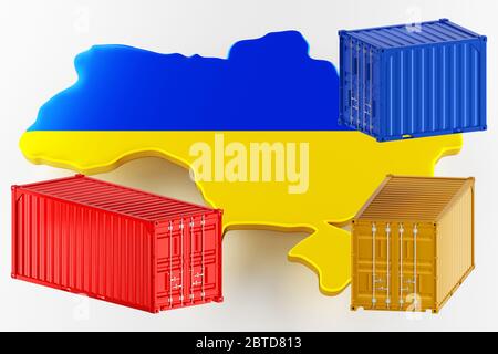 3D map of Ukraine. Freight shipping in containers. Export from the country in containers. 3d rendering Stock Photo