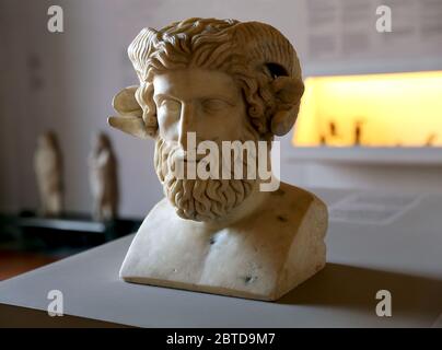 Herm of Zeus Ammon, marble head from Herculaneum. 1st century AD.   Egiptian God. National archaeology Museum of Naples, Italy. Stock Photo