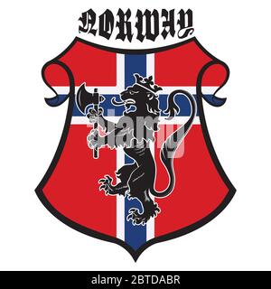 Classic heraldic royal emblem. Vintage heraldic royal lion with a axe, heraldic shield and flag of Norway Stock Vector