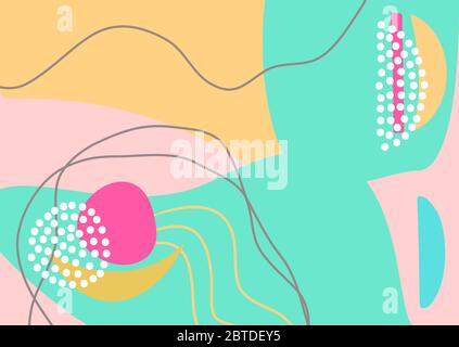 Fun hand drawn colorful shapes, doodle objects and lines, dots collage, modern trendy abstract pattern background for design. Pink yellow blue purple Stock Vector