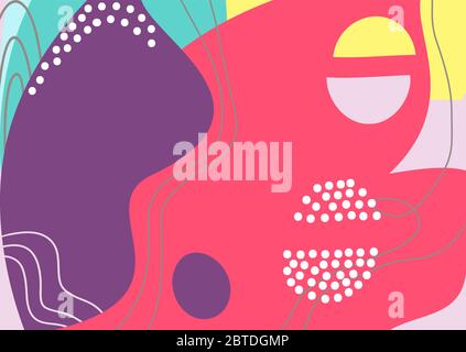 Fun hand drawn colorful shapes, doodle objects and lines, dots collage, modern trendy abstract pattern background for design. Pink yellow blue purple Stock Vector