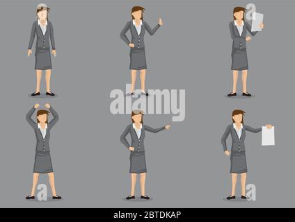 Set of six vector illustration of cartoon career woman executive in various gestures isolated on plain grey background. Stock Vector