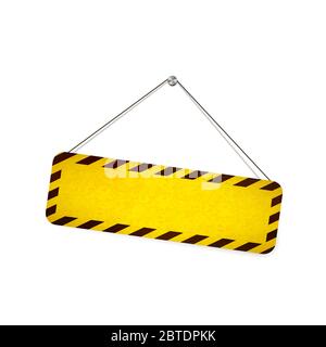 Bright grunge warning sign hanging on the rope on white Stock Vector