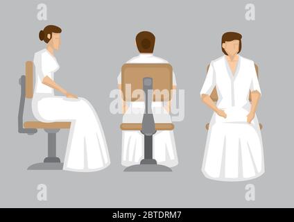 Elegant lady wearing white long gown sitting with a straight back on a swivel chair in front, side and back view. Vector illustration of cartoon chara Stock Vector