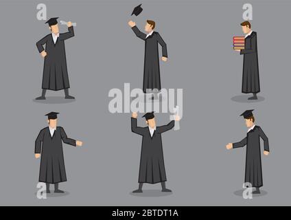 Set of six vector illustration of man in academic gown and mortar board isolated on plain grey background Stock Vector