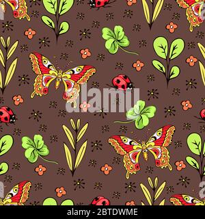 Cartoon drawing colorful insects, flowers and plants seamless pattern, floral background. Bright multi-colored butterflies, ladybug, buds, leaves and Stock Vector