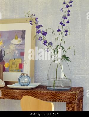 Blue delphiniums in white vase on plain white background Stock Photo ...