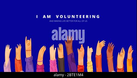 Vector flat illustration of raised up human hands, multiracial. Concept of education, business training, volunteers, voting - raised hands in croud Stock Vector