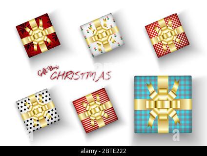 Set of Merry Christmas realistic gift box with bright wrapping, and shadow on a transparent background.  decoration elements with festive celebration Stock Vector