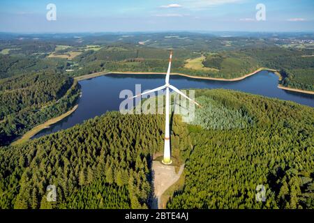 wind turbine on the lake Versetalsperre, 30.09.2019, aerial view, Germany, North Rhine-Westphalia, Sauerland, Luedenscheid Stock Photo