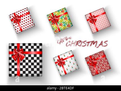 Set of Merry Christmas realistic gift box with bright wrapping, and shadow on a transparent background.  decoration elements with festive celebration Stock Vector