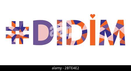Didim hashtag – mosaic isolated inscription. Letters from pieces of triangles and polygons. Calm warm colors - blue, orange, beige. Stock Vector