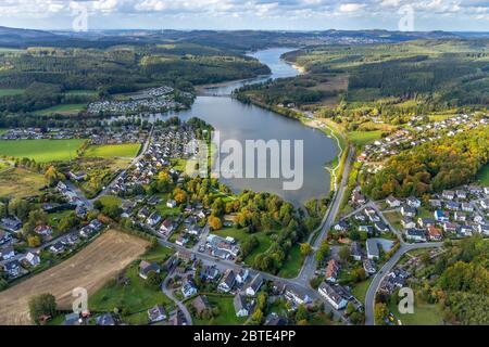 Amecke at lake Sorpesee, 17.09.2019, aerial view, Germany, North Rhine-Westphalia, Sauerland, Sundern Stock Photo