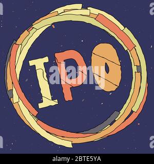 IPO abbreviation of Initial Public Offering, business concept, funny cartoon frame around the word. Orange, yellow, grey colors. Isolate stock vector Stock Vector