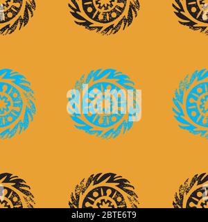 Ethnic, tribal, native circle, mandala. Hand drawn linocut. Geometric seamless pattern. African mexican indian oriental ornament. Turmeric color backg Stock Vector