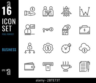 Set of 16 icons business thin line style. Pixel Perfect. Vector illustration Stock Vector