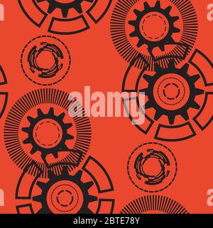 Abstract geometric gear, cogwheel, circles, lines, rays, dotted lines Seamless pattern Science technology industry. Red and black Stock Vector