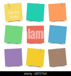 Multicolor sticky note with paper clip and shadow . Flat color . White isolated background . Vector . Stock Vector