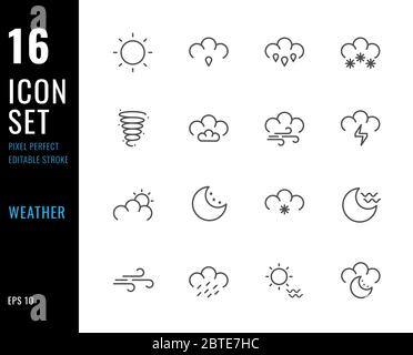 Set of 16 icons weather thin line style.  Editable stroke. Pixel Perfect. Vector illustration Stock Vector