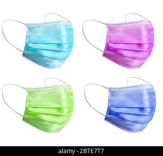 Set of disposable medical masks. Masks of different colors on a white background. Individual protective device preventing infection by airborne Stock Vector