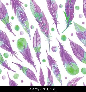 Watercolor seamless boho vector pattern with feathers. Hand Drawn Illustration on white background. Stock Vector