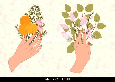 Set of women hand are hold flowers and leaf bouquets with dandelion, lilac on light yellow textured background. Vector illustration for greeting card design Stock Vector