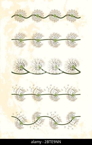 Set of dandelion seamless borders on light yellow textured backdrop. Vintage floral card. Desig for textile, tape, paper, fabric. Stock Vector