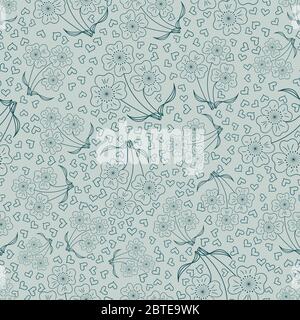 doodle flowers and hearts seamless vector pattern Stock Vector